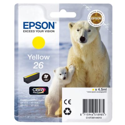 Epson Polar Bear 26 Claria Premium Ink, Ink Cartridge, Yellow Single Pack, T26144010 Epson Polar Bear 26 Claria Premium Ink, Ink Cartridge, Yellow Single Pack, T26144010